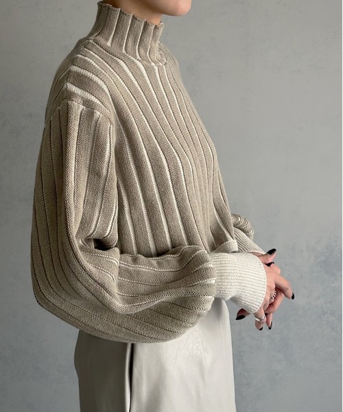 &g'aime（アンジェム）の「【&g’aime】ストライプボリュームスリーブニットトップス（ニット/セーター・レディース・ブラック/パープル/グレイッシュベージュ・FREE）」の15枚目の写真