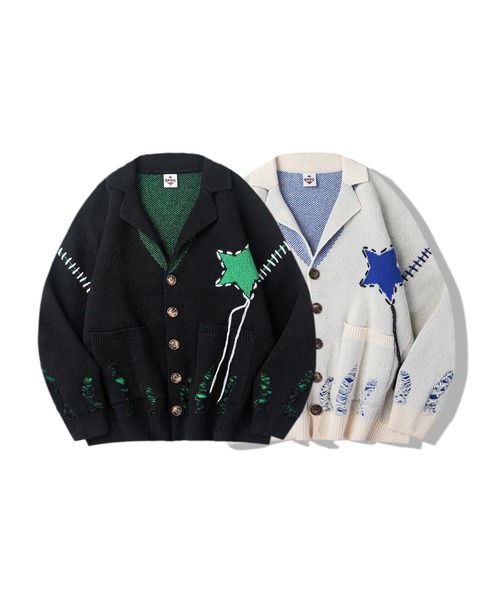 HOOK（フック）の「HOOK -original-　テーラードジャケット風オーバーニットカーディガン　裾ダメージ加工（カーディガン/ボレロ・メンズ・ブラック/ホワイト・M/L/XL）」の5枚目の写真