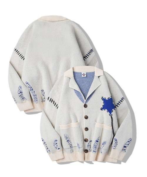 HOOK（フック）の「HOOK -original-　テーラードジャケット風オーバーニットカーディガン　裾ダメージ加工（カーディガン/ボレロ・メンズ・ブラック/ホワイト・M/L/XL）」の3枚目の写真