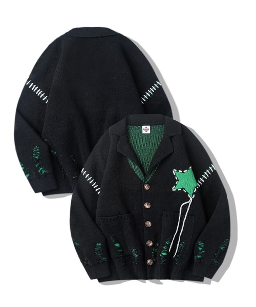 HOOK（フック）の「HOOK -original-　テーラードジャケット風オーバーニットカーディガン　裾ダメージ加工（カーディガン/ボレロ・メンズ・ブラック/ホワイト・M/L/XL）」の4枚目の写真