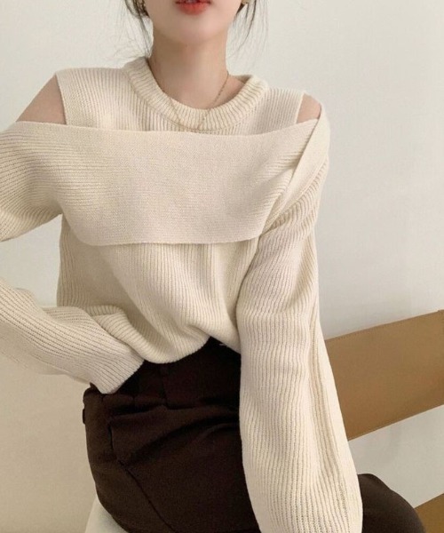 Dream garden（ドリームガーデン）の「レイヤード風 オフショルダー 長袖ニットトップス（ニット/セーター・レディース・ベージュ/ホワイト/ブラック・FREE）」の14枚目の写真