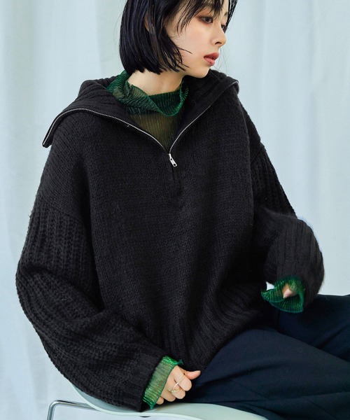 Fashion Letter（ファッションレター）の「ハーフzip ニットプルオーバー（ニット/セーター・レディース・ベージュ/チャコール/ライトグレー/ブラック/ブルー・M）」の2枚目の写真