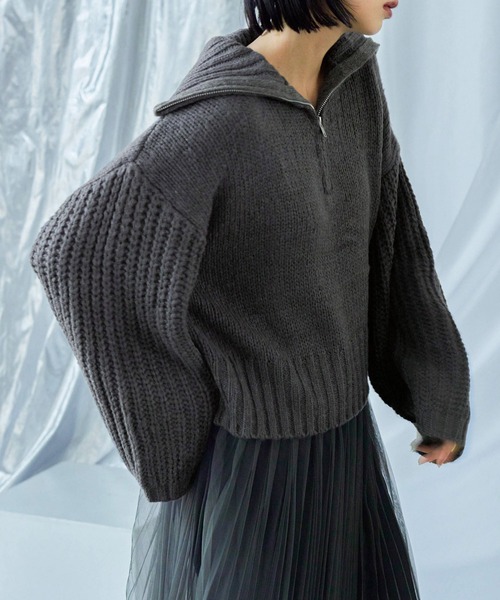 Fashion Letter（ファッションレター）の「ハーフzip ニットプルオーバー（ニット/セーター・レディース・ベージュ/チャコール/ライトグレー/ブラック/ブルー・M）」の9枚目の写真