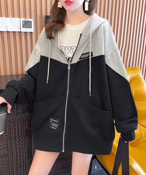 Miniministore(ミニミニストア)の「ジップアップパーカーレディーススウェット(パーカー・レディース・ホワイト×ブラック/ブラック×グレー・XL)」の4枚目の写真