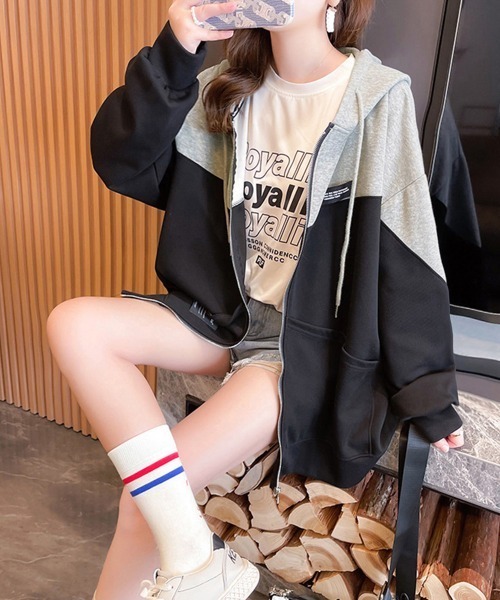 Miniministore(ミニミニストア)の「ジップアップパーカーレディーススウェット(パーカー・レディース・ホワイト×ブラック/ブラック×グレー・XL)」の6枚目の写真
