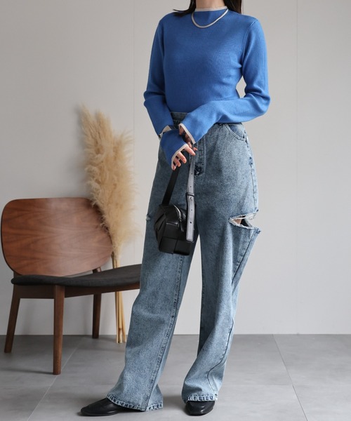 セール】＜新色追加＞【サムホール付き】リブ配色ニットプルオーバー