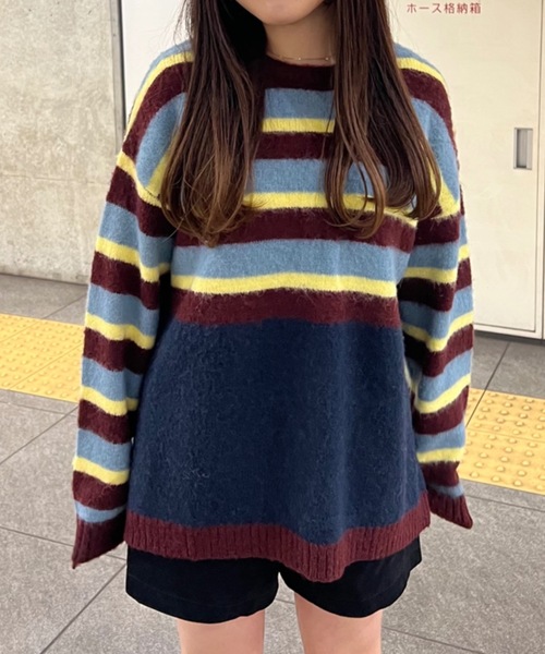 shesame（シーセム）の「モヘアライク起毛ボーダーニット（ニット/セーター・レディース・ネイビー/ブルー・MEDIUM/LARGE）」の5枚目の写真