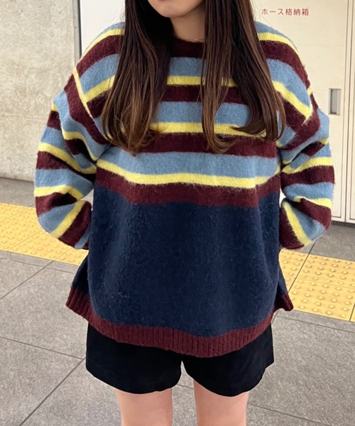 shesame（シーセム）の「モヘアライク起毛ボーダーニット（ニット/セーター・レディース・ネイビー/ブルー・MEDIUM/LARGE）」の6枚目の写真