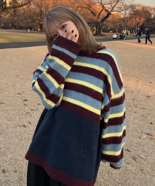 shesame（シーセム）の「モヘアライク起毛ボーダーニット（ニット/セーター・レディース・ネイビー/ブルー・MEDIUM/LARGE）」の7枚目の写真