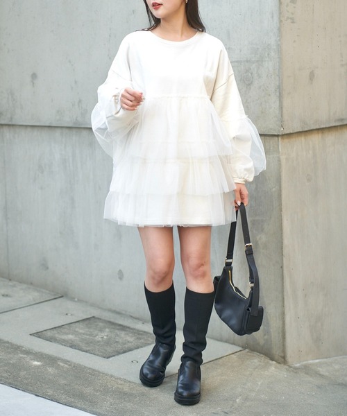 Chico（チコ）の「【2024SS】ピグメントチュールティアードルーズスウェット（スウェット・レディース・ホワイト/ライトグレー/ピンク・FREE）」の5枚目の写真