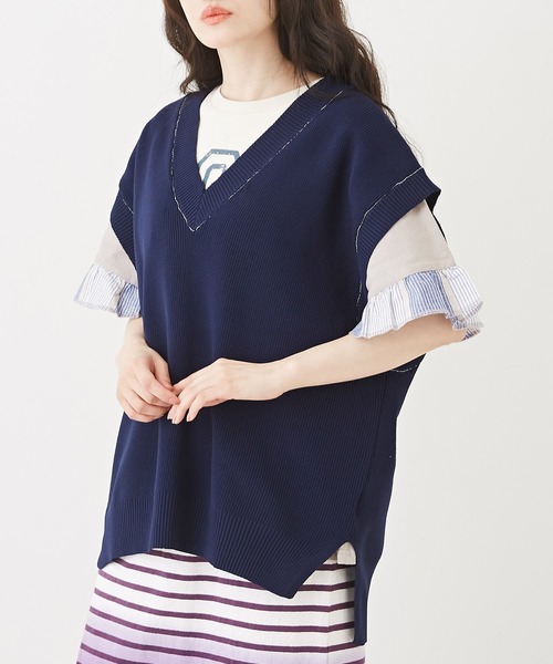 CUBE SUGAR(キューブシュガー)の「スポンディッシュニットVネックベスト(ベスト・レディース・ホワイト/ネイビー/ホワイト×ネイビー/レッド/イエロー・M)」の3枚目の写真