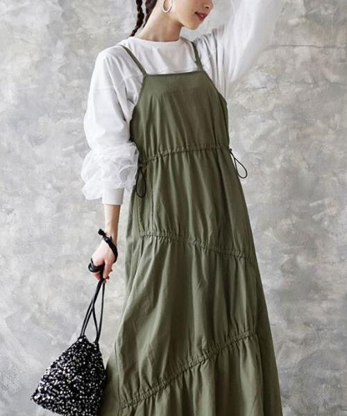 e-zakkamania stores（イーザッカマニアストアーズ）の「アシンメトリーティアード ナイロンキャミワンピース（ワンピース・レディース・ブラック/カーキ・M）」の10枚目の写真