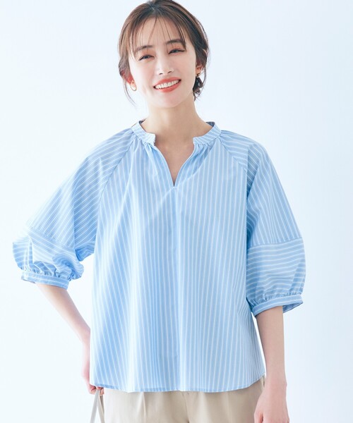 grove(グローブ)の「◆【洗濯機で洗える・UVカット・接触冷感】ランタンスリーブシャツブラウス(シャツ/ブラウス・レディース・ネイビー/サックスブルー系2/ホワイト/ネイビー系2/ホワイト系5・03/02/01/04/05)」の5枚目の写真