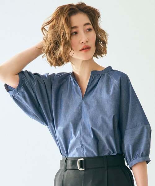 grove(グローブ)の「◆【洗濯機で洗える・UVカット・接触冷感】ランタンスリーブシャツブラウス(シャツ/ブラウス・レディース・ネイビー/サックスブルー系2/ホワイト/ネイビー系2/ホワイト系5・03/02/01/04/05)」の3枚目の写真