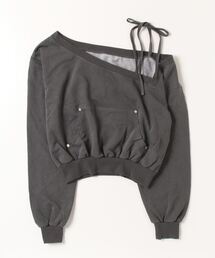 XU | ストリートファッション XU エックスユー one shoulder sweat tops ワンショルダー スウェットトップス トレーナー オープンショルダー ピグメントスウェット 長袖トップス オーバーサイズ 韓国ファッション 韓国ストリート(スウェット)