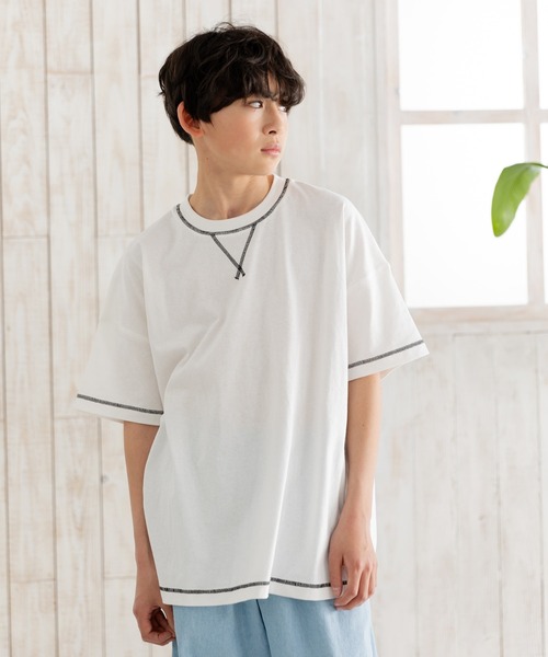 JAM & LINK（ジャムアンドリンク）の「配色ステッチ ビッグシルエット半袖Tシャツ（Tシャツ/カットソー・キッズ・グリーン/マスタード/ホワイト/ターコイズブルー/ピンク/レッド/ネイビー/パープル/ブラック/オートミール・160cm/150cm/140cm/120cm/110cm/100cm/90cm/130cm）」の2枚目の写真