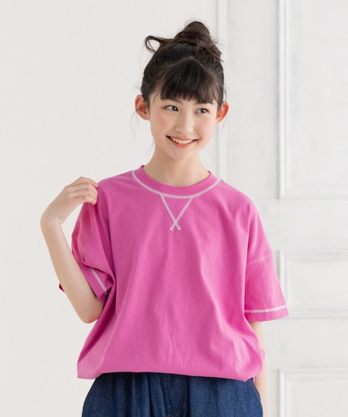 JAM & LINK（ジャムアンドリンク）の「配色ステッチ ビッグシルエット半袖Tシャツ（Tシャツ/カットソー・キッズ・グリーン/マスタード/ホワイト/ターコイズブルー/ピンク/レッド/ネイビー/パープル/ブラック/オートミール・160cm/150cm/140cm/120cm/110cm/100cm/90cm/130cm）」の9枚目の写真