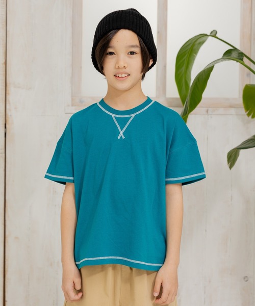 JAM & LINK（ジャムアンドリンク）の「配色ステッチ ビッグシルエット半袖Tシャツ（Tシャツ/カットソー・キッズ・グリーン/マスタード/ホワイト/ターコイズブルー/ピンク/レッド/ネイビー/パープル/ブラック/オートミール・160cm/150cm/140cm/120cm/110cm/100cm/90cm/130cm）」の7枚目の写真