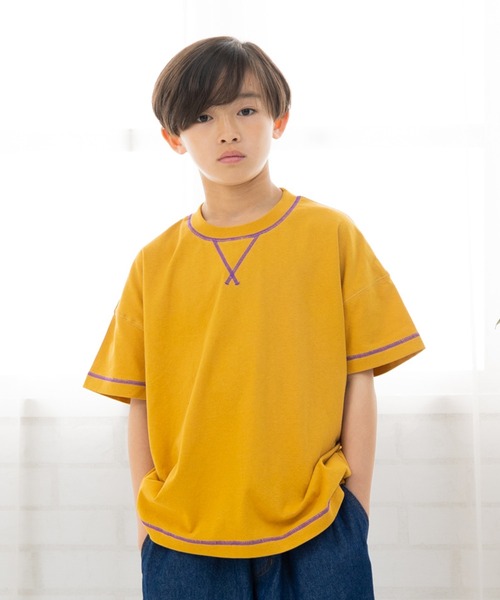 JAM & LINK（ジャムアンドリンク）の「配色ステッチ ビッグシルエット半袖Tシャツ（Tシャツ/カットソー・キッズ・グリーン/マスタード/ホワイト/ターコイズブルー/ピンク/レッド/ネイビー/パープル/ブラック/オートミール・160cm/150cm/140cm/120cm/110cm/100cm/90cm/130cm）」の8枚目の写真