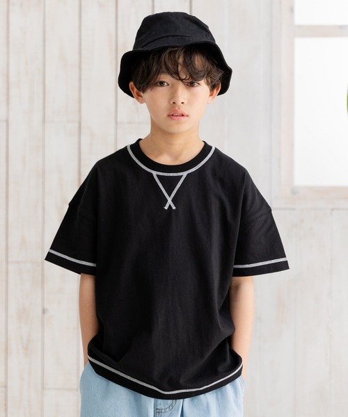 JAM & LINK（ジャムアンドリンク）の「配色ステッチ ビッグシルエット半袖Tシャツ（Tシャツ/カットソー・キッズ・グリーン/マスタード/ホワイト/ターコイズブルー/ピンク/レッド/ネイビー/パープル/ブラック/オートミール・160cm/150cm/140cm/120cm/110cm/100cm/90cm/130cm）」の3枚目の写真