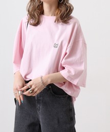 ワンポイントネコ刺繍 オーバーサイズ 半袖 Tシャツ