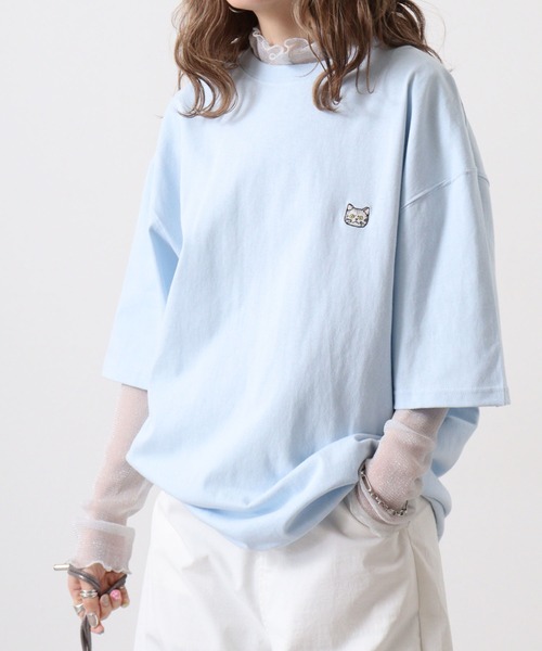 FUNALIVE(ファンアライブ)の「ワンポイントネコ刺繍 オーバーサイズ 半袖 Tシャツ(Tシャツ/カットソー・メンズ・ピンク/サックスブルー/ホワイト・L/M)」の10枚目の写真