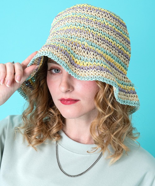 an meets zakka カラフルボーダー変形ペーパーハット / 柄 麦わら帽子