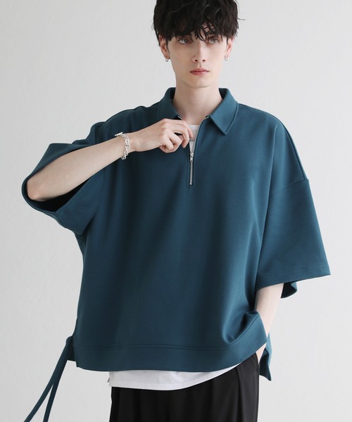 ETELIO(エテリオ)の「サイドレースハーフジップ 5分袖カノコポンチプルオーバー(Tシャツ/カットソー・メンズ・アイボリー/ブラック/ブルーグリーン/ワイン・S/M/L)」の4枚目の写真