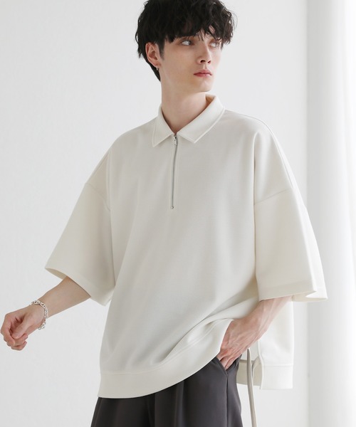 ETELIO(エテリオ)の「サイドレースハーフジップ 5分袖カノコポンチプルオーバー(Tシャツ/カットソー・メンズ・アイボリー/ブラック/ブルーグリーン/ワイン・S/M/L)」の2枚目の写真