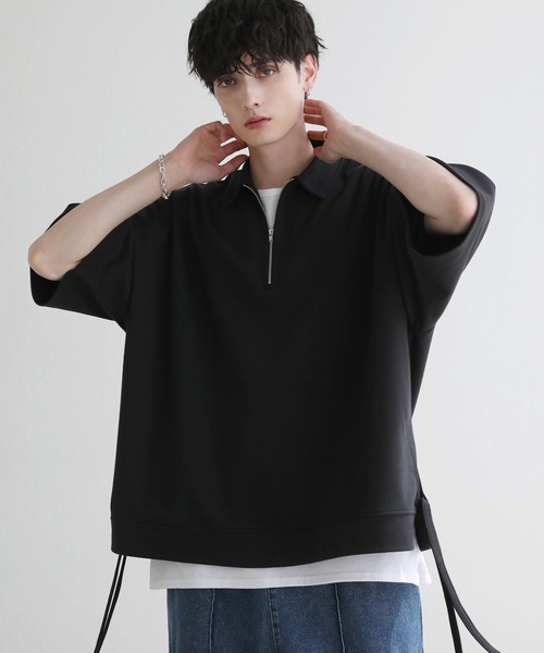 ETELIO(エテリオ)の「サイドレースハーフジップ 5分袖カノコポンチプルオーバー(Tシャツ/カットソー・メンズ・アイボリー/ブラック/ブルーグリーン/ワイン・S/M/L)」の3枚目の写真