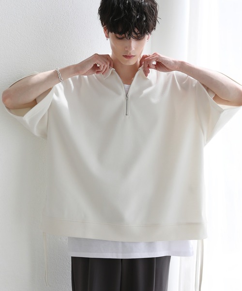 ETELIO(エテリオ)の「サイドレースハーフジップ 5分袖カノコポンチプルオーバー(Tシャツ/カットソー・メンズ・アイボリー/ブラック/ブルーグリーン/ワイン・S/M/L)」の6枚目の写真