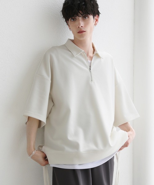 ETELIO(エテリオ)の「サイドレースハーフジップ 5分袖カノコポンチプルオーバー(Tシャツ/カットソー・メンズ・アイボリー/ブラック/ブルーグリーン/ワイン・S/M/L)」の7枚目の写真