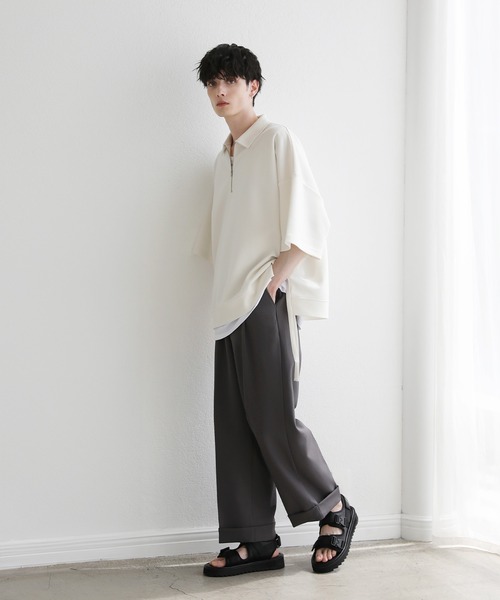 ETELIO(エテリオ)の「サイドレースハーフジップ 5分袖カノコポンチプルオーバー(Tシャツ/カットソー・メンズ・アイボリー/ブラック/ブルーグリーン/ワイン・S/M/L)」の9枚目の写真