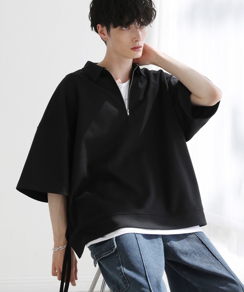 ETELIO(エテリオ)の「サイドレースハーフジップ 5分袖カノコポンチプルオーバー(Tシャツ/カットソー・メンズ・アイボリー/ブラック/ブルーグリーン/ワイン・S/M/L)」の16枚目の写真