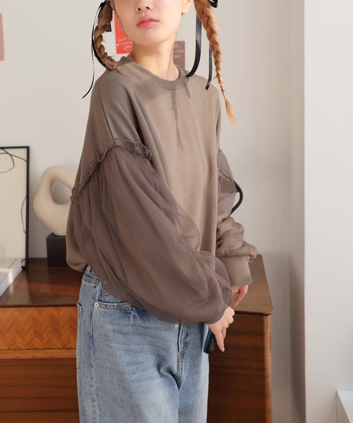 Girly Doll(ガーリードール)の「袖チュールトレーナー(その他トップス・レディース・モカ/チャコール/アイボリー・F)」の11枚目の写真