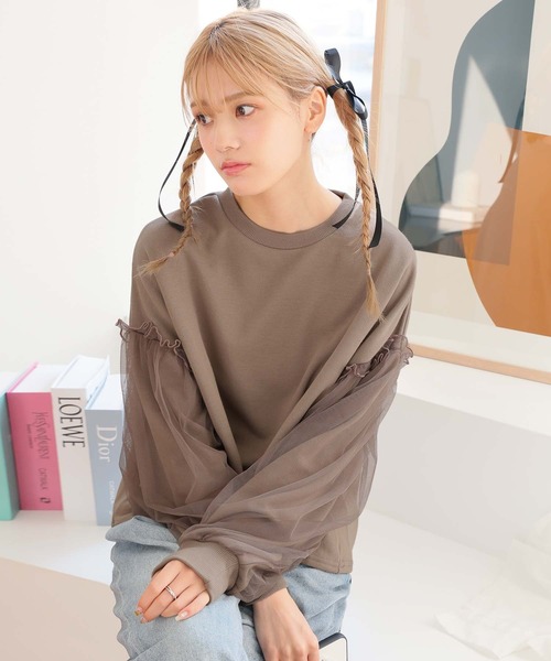 Girly Doll(ガーリードール)の「袖チュールトレーナー(その他トップス・レディース・モカ/チャコール/アイボリー・F)」の12枚目の写真