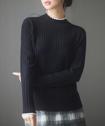 太めリブ編みプチハイネックニットプルオーバー