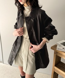 classicalelf（クラシカルエルフ）の「1点投入高級感。ヴィンテージ風フェイクレザーウエストドロストカバーオールブルゾンジャケット長袖（ブルゾン）」