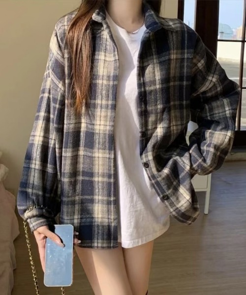 SpRay（スプレイ）の「フェイクウールチェックシャツ（シャツ/ブラウス・レディース・ホワイト/ブラウン/グレー/ネイビー/アイボリー・FREE）」の5枚目の写真