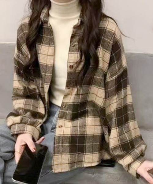 SpRay（スプレイ）の「フェイクウールチェックシャツ（シャツ/ブラウス・レディース・ホワイト/ブラウン/グレー/ネイビー/アイボリー・FREE）」の4枚目の写真