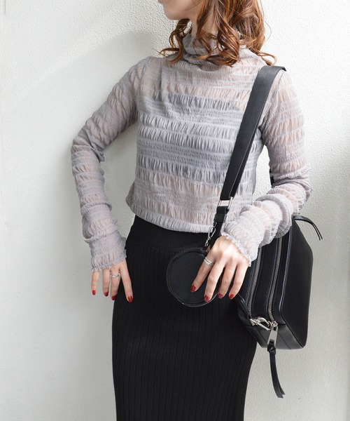 styiro(スタイロ)の「シアートップス ギャザーフリル ハイネック/長袖(Tシャツ/カットソー・レディース・グレー/ブラック/ピンク/パープル/アイボリー/ピンク系その他・FREE)」の13枚目の写真