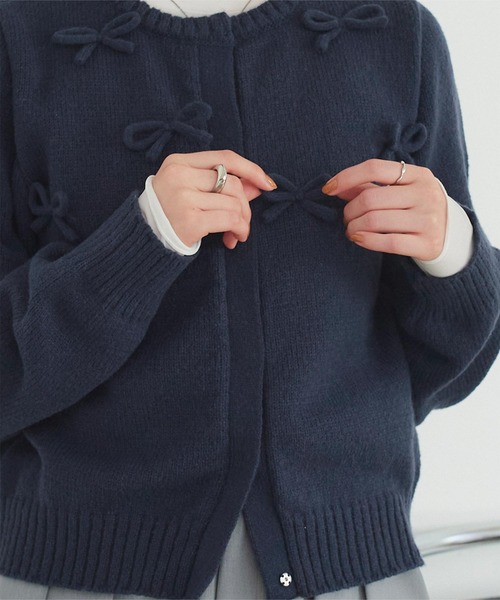 PRINCETON / カーディガン(厚手)/--/ウール/BLU// ウールタッチリボン付きカーディガン（カーディガン/ボレロ