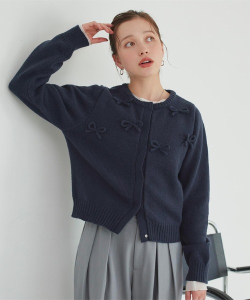 ウールタッチリボン付きカーディガン（カーディガン/ボレロ