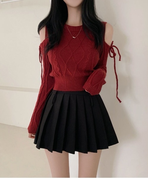 gossip！ロサンゼルス（ゴシップロサンゼルス）の「Y2K 肩見せ  リボンカットジャガードニット（ニット/セーター・レディース・ブラック/ワイン/オフホワイト・FREE）」の9枚目の写真