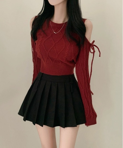 gossip！ロサンゼルス（ゴシップロサンゼルス）の「Y2K 肩見せ  リボンカットジャガードニット（ニット/セーター・レディース・ブラック/ワイン/オフホワイト・FREE）」の7枚目の写真