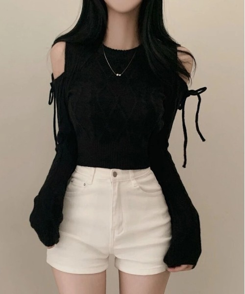 gossip！ロサンゼルス（ゴシップロサンゼルス）の「Y2K 肩見せ  リボンカットジャガードニット（ニット/セーター・レディース・ブラック/ワイン/オフホワイト・FREE）」の21枚目の写真