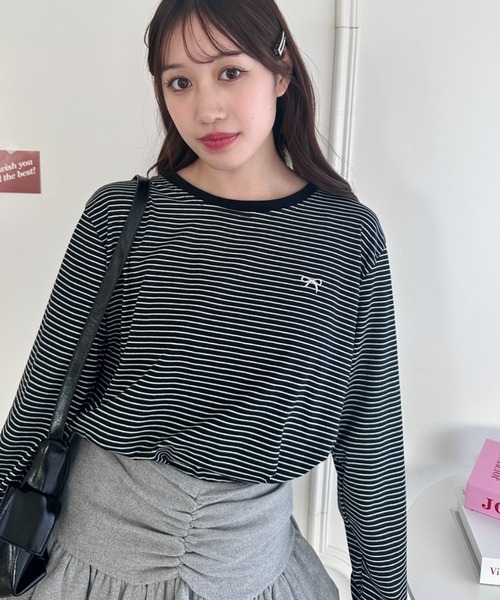 Loueme(ルエム)の「リボン刺繍ワンポイントボーダーロンT(Tシャツ/カットソー・レディース・ホワイト/ピンク/アイボリー/ブラック・FREE)」の3枚目の写真