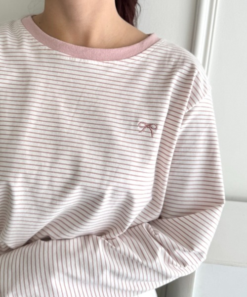 Loueme(ルエム)の「リボン刺繍ワンポイントボーダーロンT(Tシャツ/カットソー・レディース・ホワイト/ピンク/アイボリー/ブラック・FREE)」の5枚目の写真