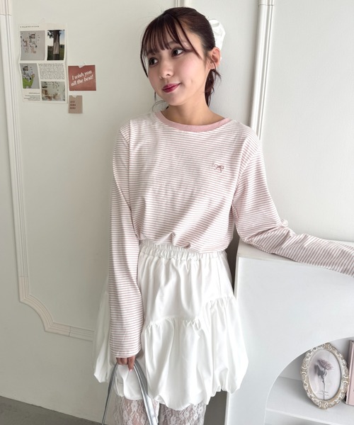 Loueme(ルエム)の「リボン刺繍ワンポイントボーダーロンT(Tシャツ/カットソー・レディース・ホワイト/ピンク/アイボリー/ブラック・FREE)」の9枚目の写真
