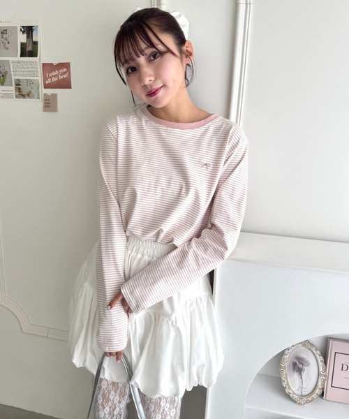 Loueme(ルエム)の「リボン刺繍ワンポイントボーダーロンT(Tシャツ/カットソー・レディース・ホワイト/ピンク/アイボリー/ブラック・FREE)」の10枚目の写真